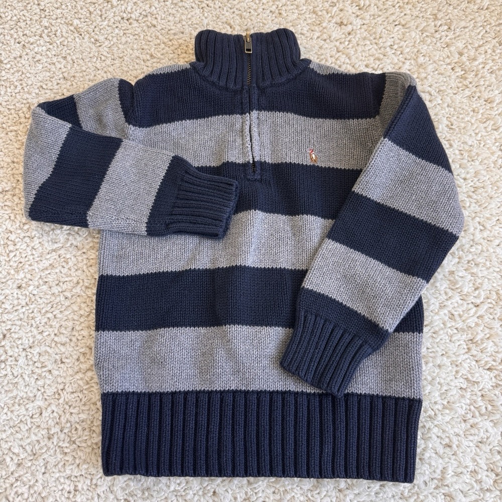 Polo Ralph Lauren Sweater Kids Size 5 Navy Grey Excellent Striped Quarter Zip